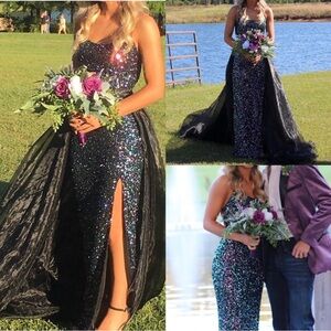 Ashley Lauren Sequin Black Evening Gown with Detachable Overskirt